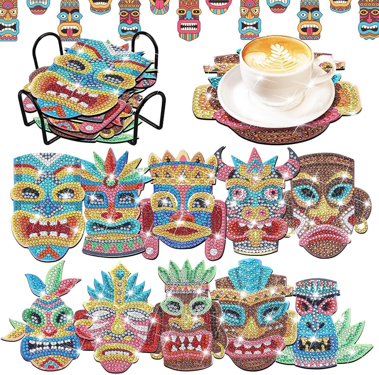 10 Pcs Summer Tiki Shaped Diamond Art Coasters Kits DIY Hawaii Diamond Dots Art Coasters with Holder Christmas Crafts